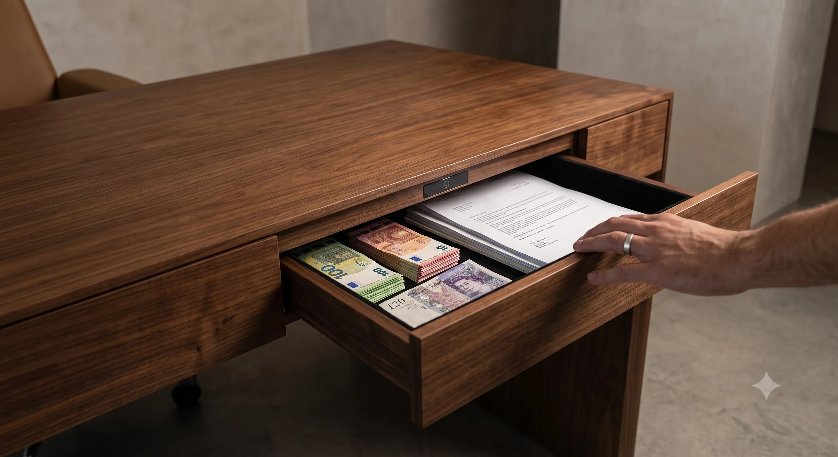 Walnut executive desk with hidden compartment drawer