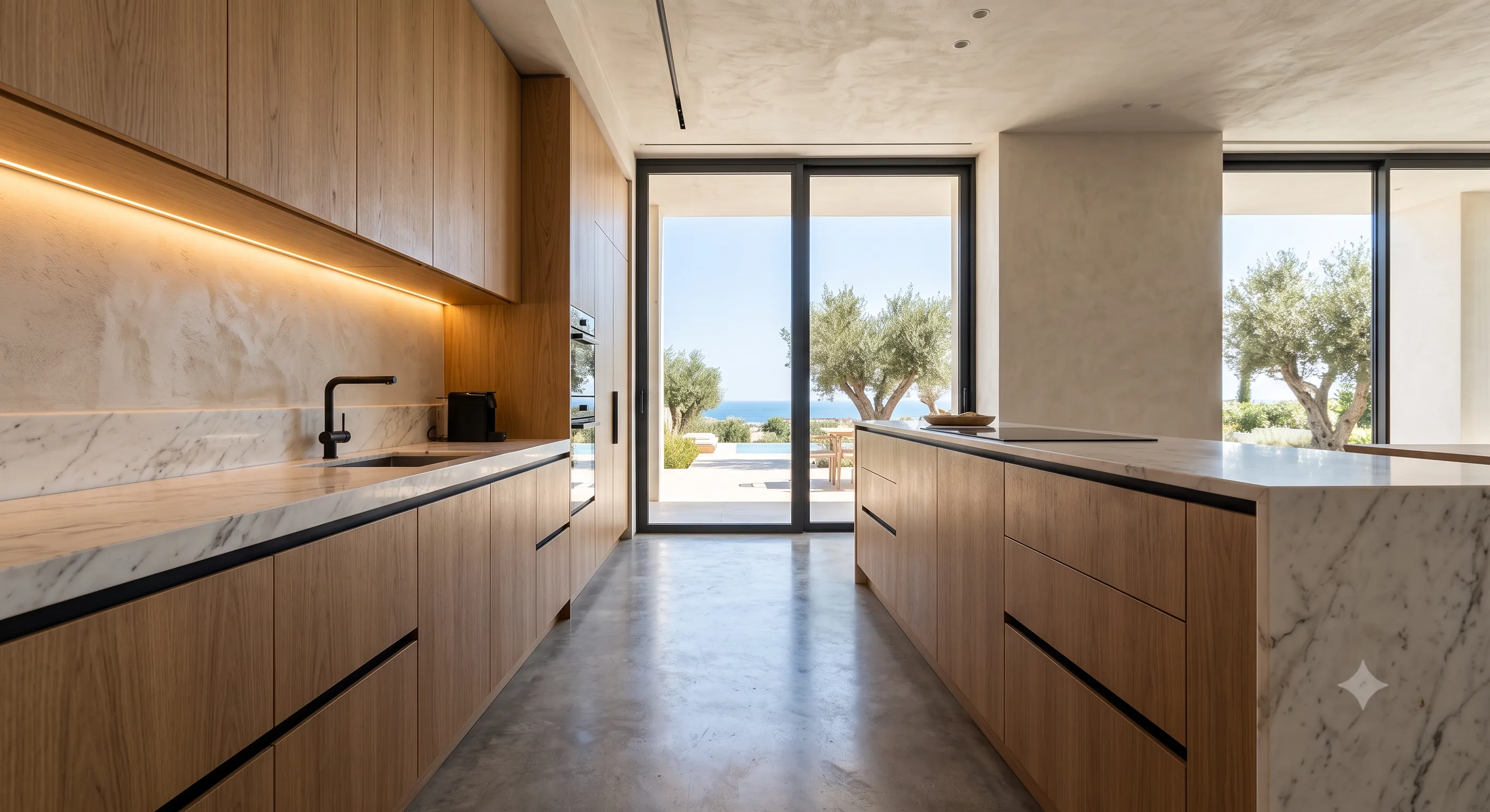 Mediterranean oak kitchen with marble countertops and olive tree courtyard