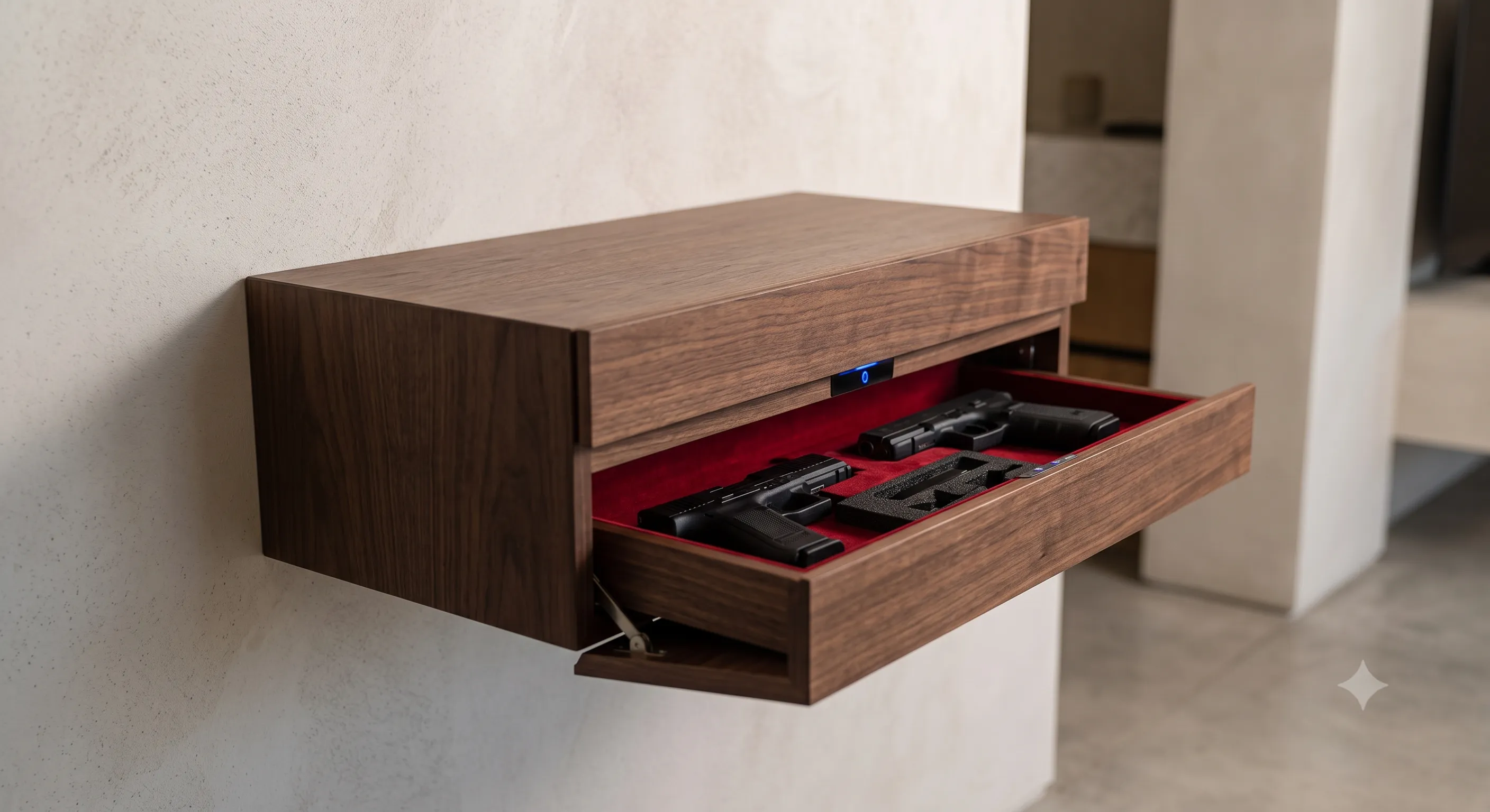 Wall-mounted walnut shelf with biometric hidden compartment